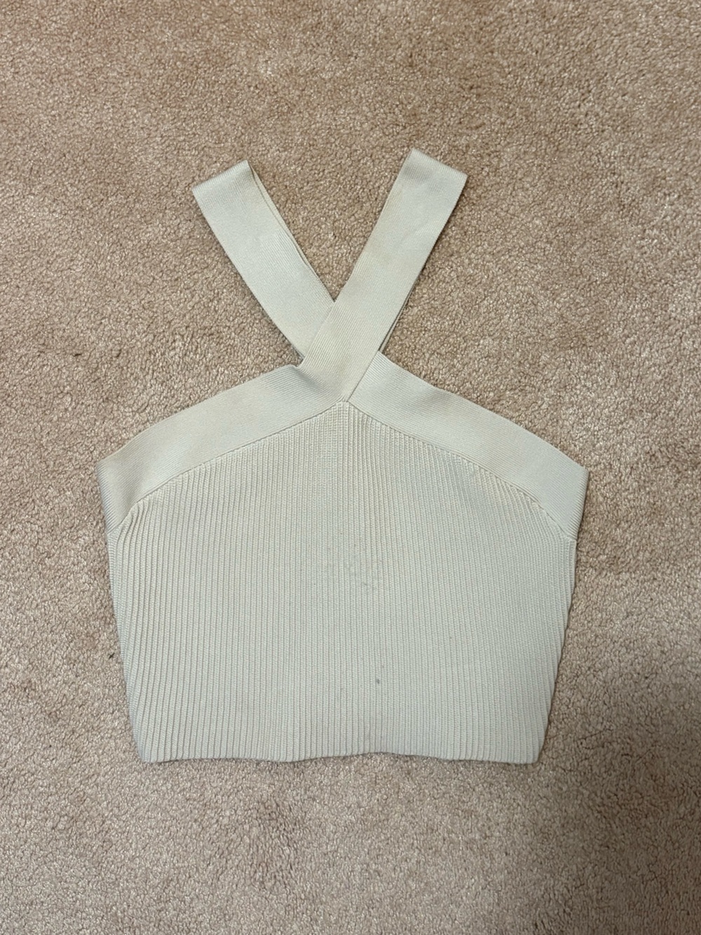 Aritzia Babaton Beige Cross-Strap Ribbed Crop Top